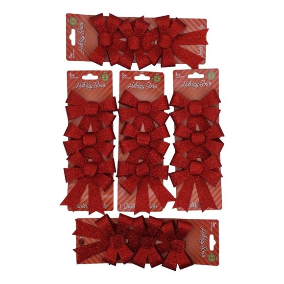 Santas Studio 3 Piece Holiday Bows Set Of 5 Packs Red Glitter Christmas New - Picture 2 of 7